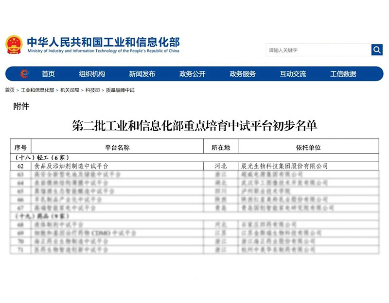【中国食品报】晨光生物中试平台入选工业和信息化部重点培育名单